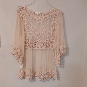 Tan Asymmetrical Ruffled Blouse with Sheer Embellishments‎